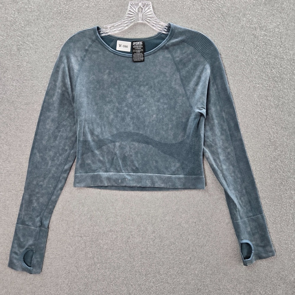 PINK Victorias Secret Women Activewear Top L Blue Shirt Seamless Crop Thumbholes